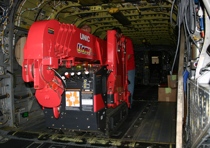 This URW-295 mini spider crane easily fit into this US Army Chinook helicopter