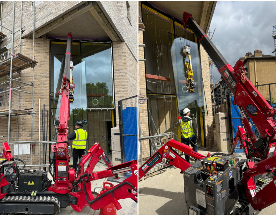 UNIC URW-295 Mini Spider Crane installing curtain walling glazing in London.