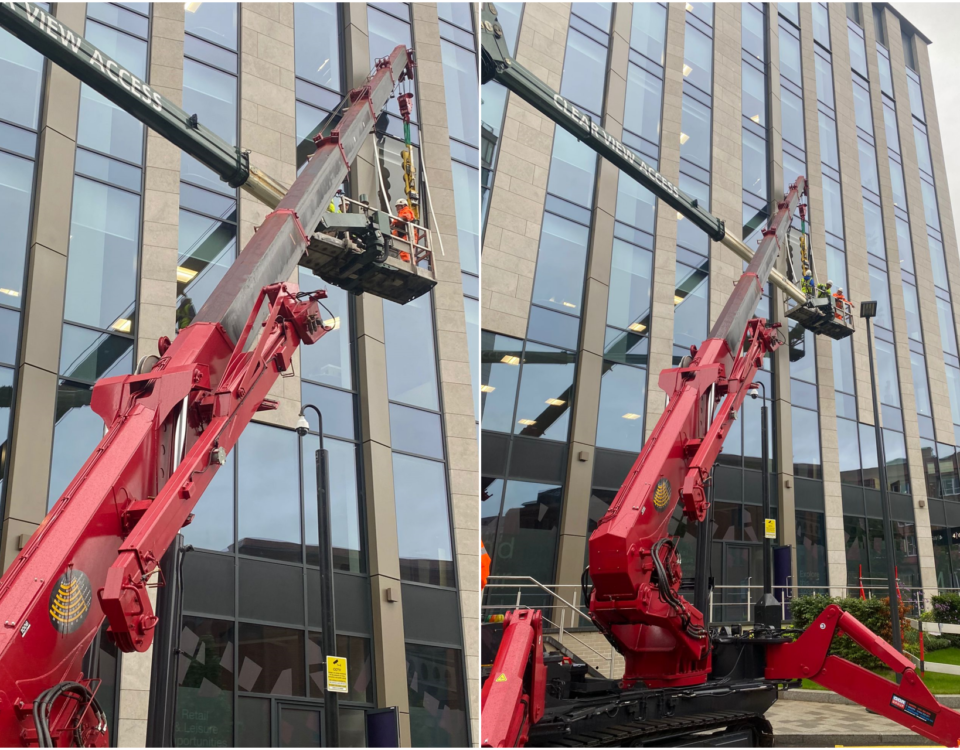 The UNIC URW-1006 Mini Spider Crane installing glazing. Providing precision and efficiency for glazing projects.